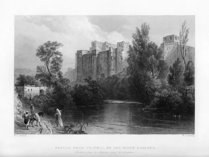 Framed Print : A castle near Tripoli, on the river Kadesha, Libya, 1841. Artist: WF Starling