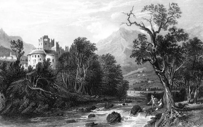 Framed Print : A castle by a river, 19th century. Artist:s Lacy Framed Print : A castle by a river, 19th century. Artist:s Lacy