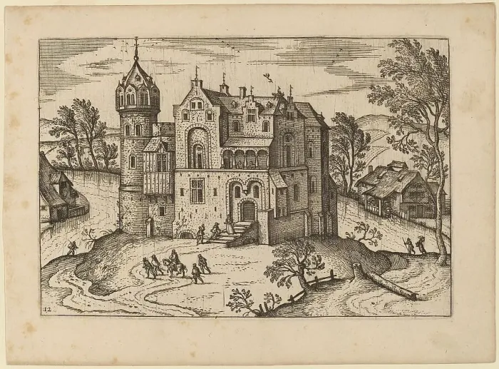 Framed Print : Castle by a River, published in or before 1676. Creator: Unknown Framed Print : Castle by a River, published in or before 1676. Creator: Unknown