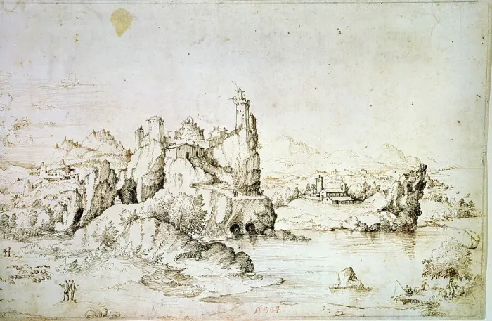 Framed Print : A Castle on a Rock in Mountainscape, 1540. Artist: Gherardo Cibo Framed Print : A Castle on a Rock in Mountainscape, 1540. Artist: Gherardo Cibo