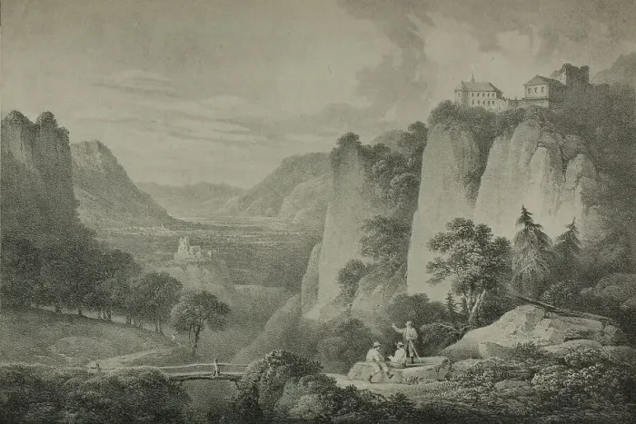Framed Print : The Castle of the Tyrol, Near Meran, 1822. Creator: Francis Nicholson Framed Print : The Castle of the Tyrol, Near Meran, 1822. Creator: Francis Nicholson