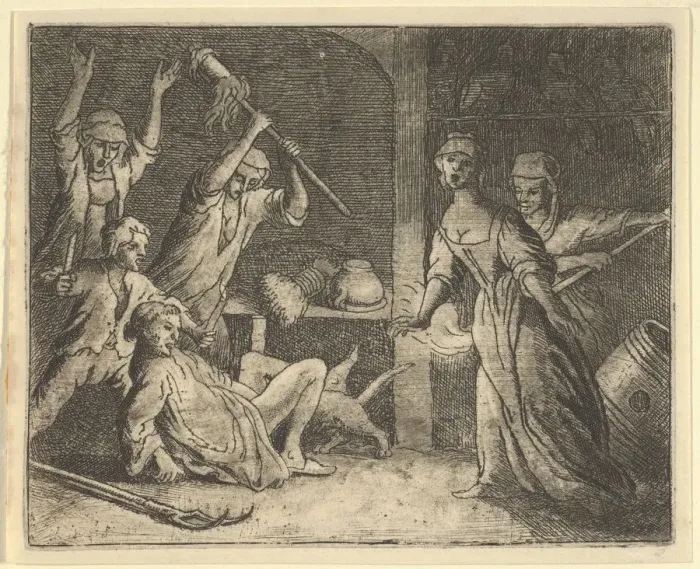 Framed Print : The Cat, Caught in a Snare, is Mistreated by the People from the House, 1650-75 Framed Print : The Cat, Caught in a Snare, is Mistreated by the People from the House, 1650-75