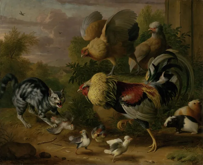 Framed Print : Cat between Cockrels, 1706-1710. Creator: Jakub Bogdan Framed Print : Cat between Cockrels, 1706-1710. Creator: Jakub Bogdan