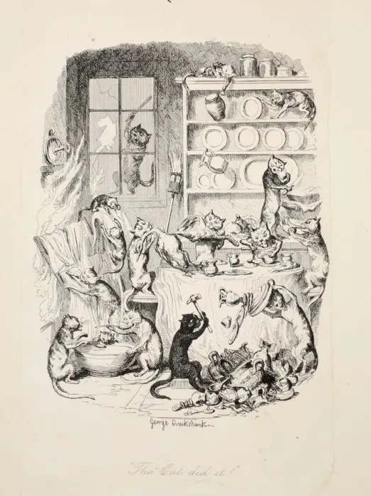 Framed Print : The Cat Did It, from The Greatest Plague of Life, pub. 1847. Creator: George Cruikshank (1792-1878) Framed Print : The Cat Did It, from The Greatest Plague of Life, pub. 1847. Creator: George Cruikshank (1792-1878)
