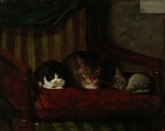 Framed Print : Cat with Kittens, 1863. Creator: Adolf von Becker Framed Print : Cat with Kittens, 1863. Creator: Adolf von Becker