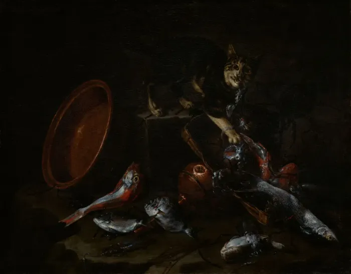 Framed Print : A Cat Stealing Fish, late 1660s. Creator: Giuseppe Recco Framed Print : A Cat Stealing Fish, late 1660s. Creator: Giuseppe Recco