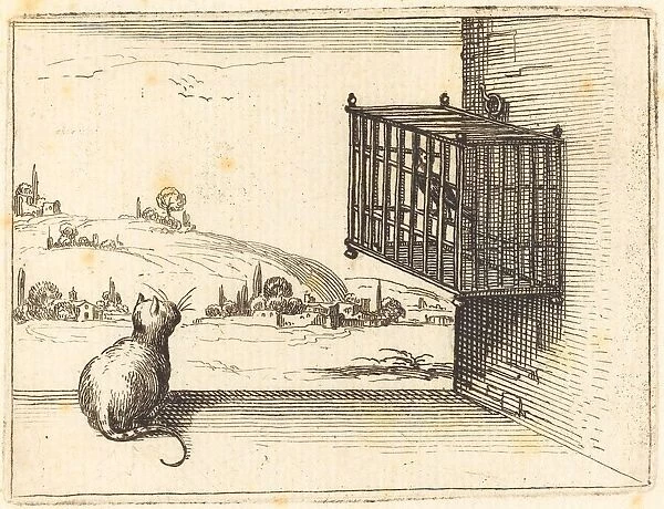 Cat Watching Caged Bird, 1628. Creator: Jacques Callot