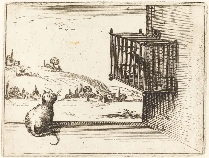 Framed Print : Cat Watching Caged Bird, 1628. Creator: Jacques Callot Framed Print : Cat Watching Caged Bird, 1628. Creator: Jacques Callot
