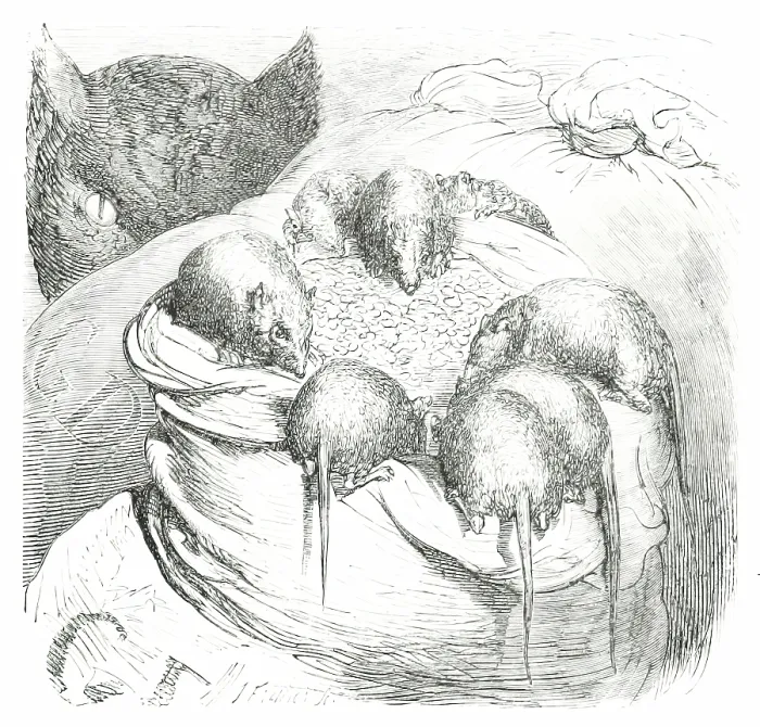 Framed Print : Cat watching rodents eating grain, 1860. Creator: Unknown Framed Print : Cat watching rodents eating grain, 1860. Creator: Unknown