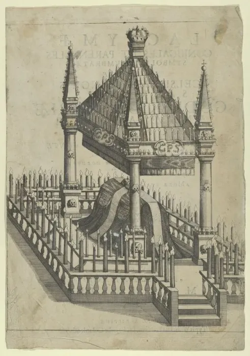 Framed Print : Catafalque for Prince Gottfried Maria Ignaz, frontispiece to Lacrymae Conjugales et Paren... 1677. Creator: Anon Framed Print : Catafalque for Prince Gottfried Maria Ignaz, frontispiece to Lacrymae Conjugales et Paren... 1677. Creator: Anon