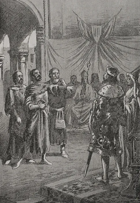 Framed Print : Cataldo Rosso speaking before the king, 1890. Creator: Joan Serra y Pausas Framed Print : Cataldo Rosso speaking before the king, 1890. Creator: Joan Serra y Pausas