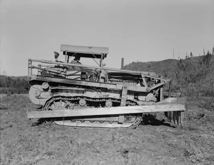 Framed Print : Caterpillar clearing land on cut... western Washington farm, Lewis County, Western Washington, 1939. Creator: Dorothea Lange Framed Print : Caterpillar clearing land on cut... western Washington farm, Lewis County, Western Washington, 1939. Creator: Dorothea Lange