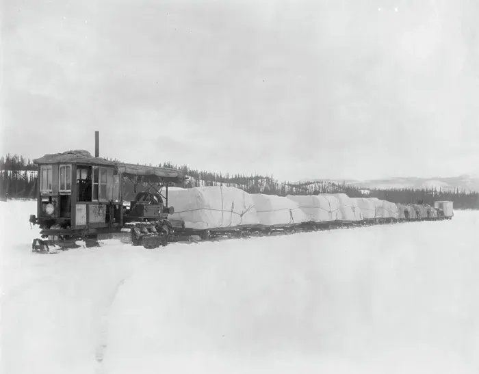 Framed Print : Caterpillar hauling freight on the lake in spring to the Yukon, between c1900 and c1930. Creator: Unknown Framed Print : Caterpillar hauling freight on the lake in spring to the Yukon, between c1900 and c1930. Creator: Unknown