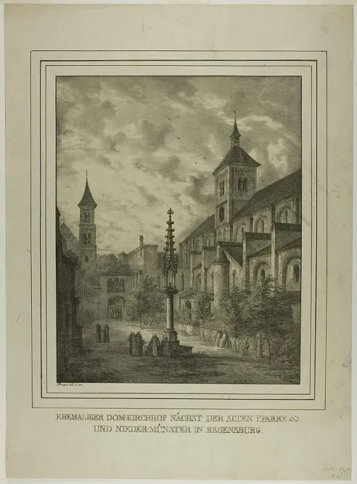 Framed Print : Former Cathedral Churchyard near the Old Rectory and Minster in Regensberg, 1818. Creator: Domenico Quaglio II Framed Print : Former Cathedral Churchyard near the Old Rectory and Minster in Regensberg, 1818. Creator: Domenico Quaglio II