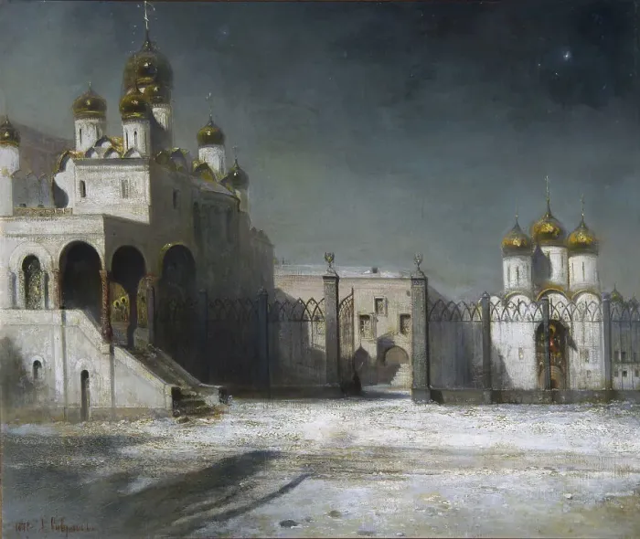 Framed Print : The Cathedral Square in the Moscow Kremlin at Night, 1878. Artist: Savrasov, Alexei Kondratyevich (1830-1897) Framed Print : The Cathedral Square in the Moscow Kremlin at Night, 1878. Artist: Savrasov, Alexei Kondratyevich (1830-1897)