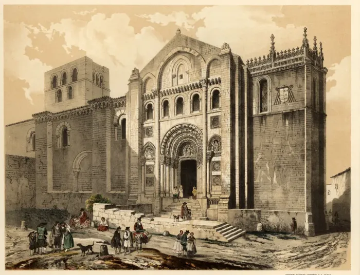 Framed Print : Cathedral of Zamora with villagers, life and traditional costumes of the time Framed Print : Cathedral of Zamora with villagers, life and traditional costumes of the time