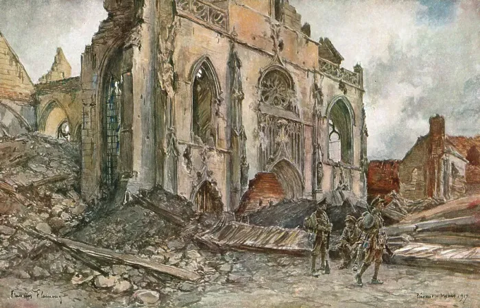 Framed Print : Cathedrale de Peronne, 1917. Creator: Francois Flameng Framed Print : Cathedrale de Peronne, 1917. Creator: Francois Flameng