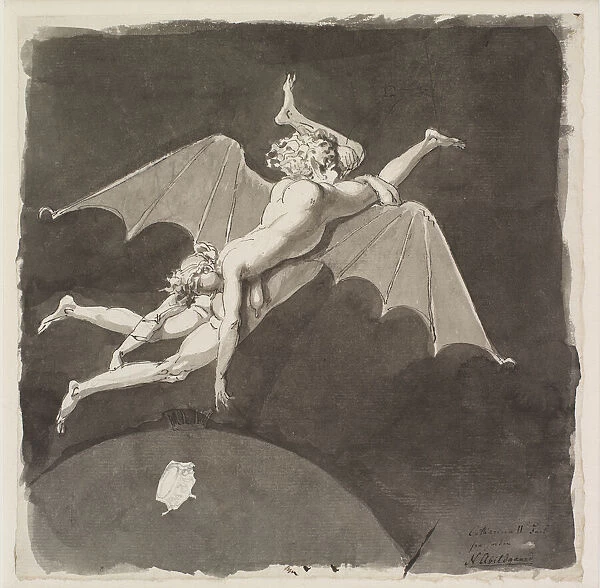 Catherine the Great, naked, flying away from the Earth on the Back of a Man with Bat