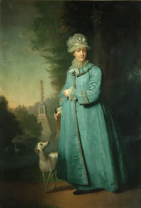 Framed Print : Catherine II strolling in the park at Tsarskoye Selo with the Chesme Column in the background, 1794. Artist: Borovikovsky, Vladimir Lukich (1757-1825) Framed Print : Catherine II strolling in the park at Tsarskoye Selo with the Chesme Column in the background, 1794. Artist: Borovikovsky, Vladimir Lukich (1757-1825)
