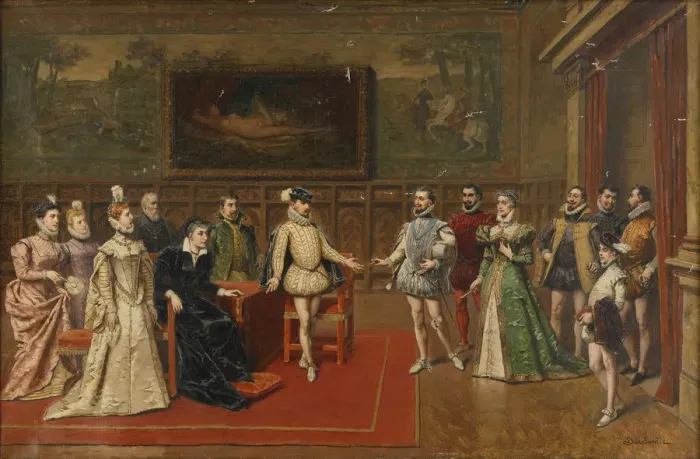 Framed Print : Catherine de Medici meets her sons Charles IX and Henry III. Artist: Bakalowicz, Wladyslaw (1831-1904) Framed Print : Catherine de Medici meets her sons Charles IX and Henry III. Artist: Bakalowicz, Wladyslaw (1831-1904)