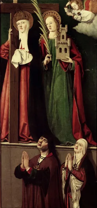Framed Print : Catholic Monarchs with Saints Helena and Barbara. Artist: Master of Manzanillo (active 1480-1500) Framed Print : Catholic Monarchs with Saints Helena and Barbara. Artist: Master of Manzanillo (active 1480-1500)