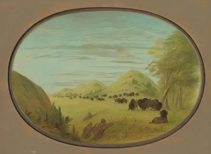 Framed Print : Catlin and Two Companions Shooting Buffalo, 1861 / 1869. Creator: George Catlin Framed Print : Catlin and Two Companions Shooting Buffalo, 1861 / 1869. Creator: George Catlin