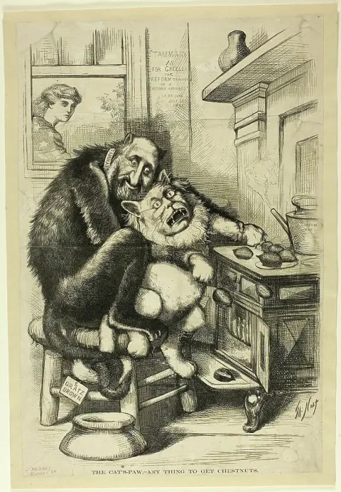 Framed Print : The Cat's-Paw, Any Thing to Get Chestnuts, published July 18, 1892. Creator: James Albert Wales Framed Print : The Cat's-Paw, Any Thing to Get Chestnuts, published July 18, 1892. Creator: James Albert Wales
