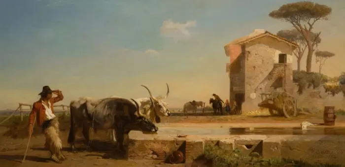Framed Print : Cattle At A Drinking Place In The Campagna, Rome, 1854. Creator: George Heming Mason Framed Print : Cattle At A Drinking Place In The Campagna, Rome, 1854. Creator: George Heming Mason