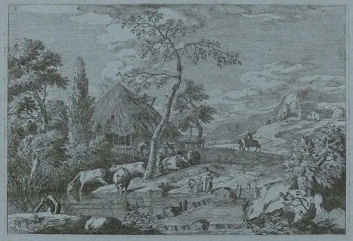 Framed Print : Cattle and Figures at a Farmyard Stream. Creator: Marco Ricci