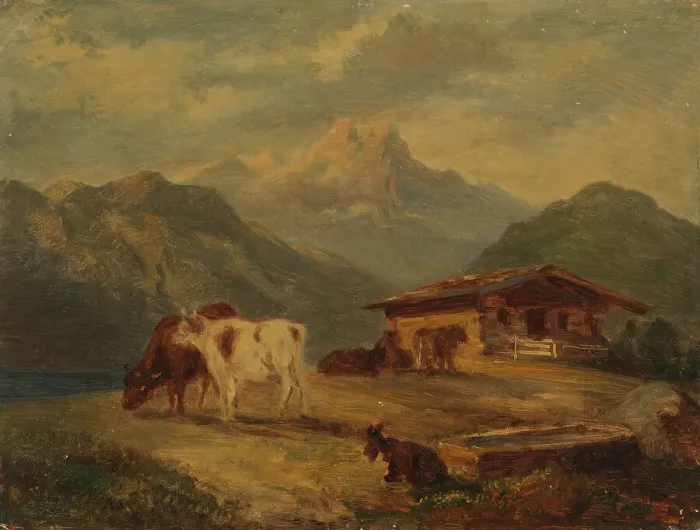 Framed Print : A cattle house in the Bavarian Alps, 1873. Creator: Johan Knutson Framed Print : A cattle house in the Bavarian Alps, 1873. Creator: Johan Knutson