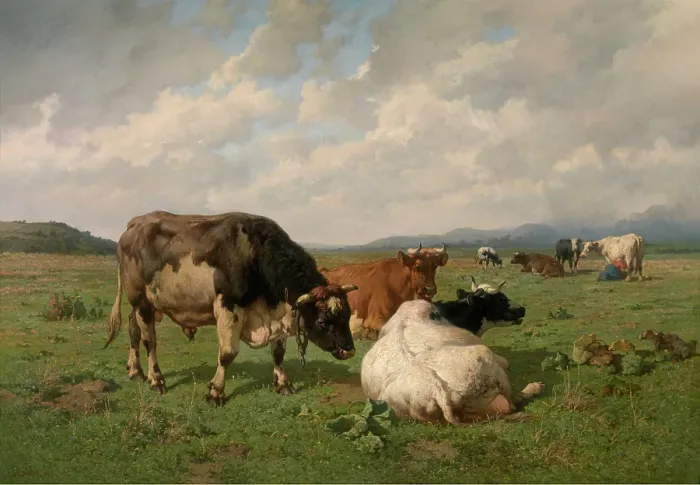 Framed Print : Cattle in the Meadow, 1878. Creator: Louis Robbe Framed Print : Cattle in the Meadow, 1878. Creator: Louis Robbe