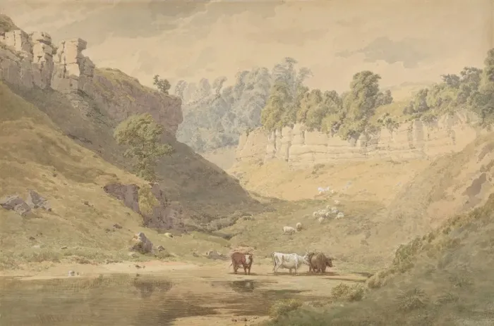 Framed Print : Cattle at a Watering Hole in a Valley, 1830-86. Creator: John Henry Mole Framed Print : Cattle at a Watering Hole in a Valley, 1830-86. Creator: John Henry Mole