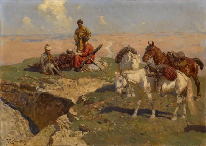 Framed Print : Caucasian Riders at Rest, 1917. Artist: Roubaud, Franz (1856-1928) Framed Print : Caucasian Riders at Rest, 1917. Artist: Roubaud, Franz (1856-1928)