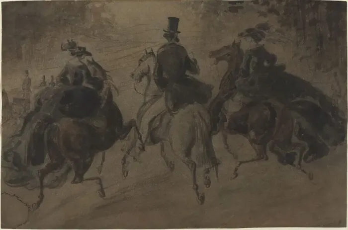 Framed Print : Cavalier and Two Ladies on Horseback. Creator: Constantin Guys