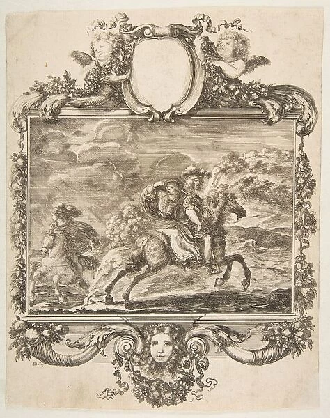A cavalier and a lady on horseback, within an ornate border decorated with fruit and c