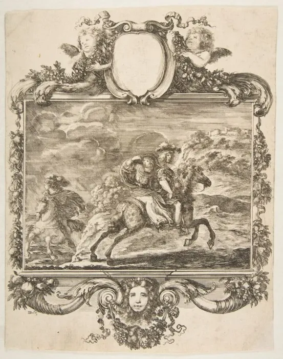 Framed Print : A cavalier and a lady on horseback, within an ornate border decorated with fruit and c Framed Print : A cavalier and a lady on horseback, within an ornate border decorated with fruit and c