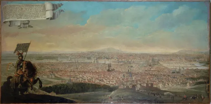 Framed Print : Cavalier with view of Paris, equestrian portrait, Pepin des Essarts, c1645. Creator: Unknown Framed Print : Cavalier with view of Paris, equestrian portrait, Pepin des Essarts, c1645. Creator: Unknown