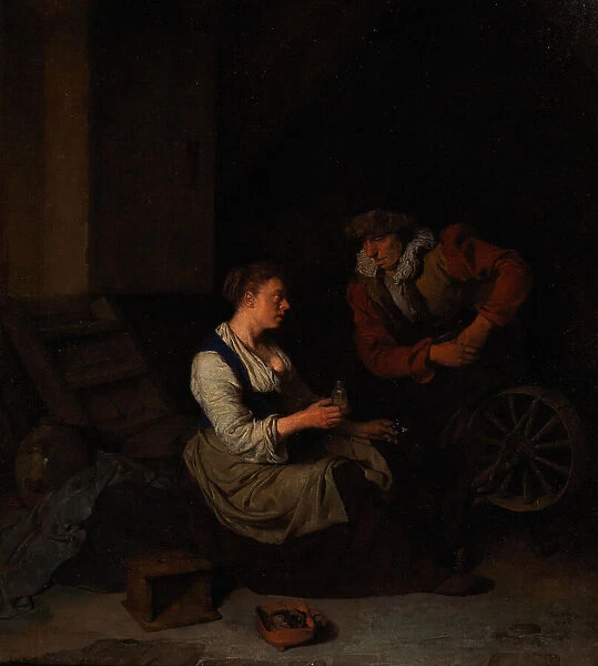 A Cavalier and a Woman at the Spinning Wheel, 1662. Creator: Bega, Cornelis Pietersz
