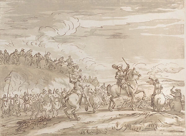 Cavalry advancing to the charge, with a central figure on horseback raising a sword, 1735