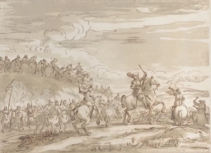 Framed Print : Cavalry advancing to the charge, with a central figure on horseback raising a sword, 1735