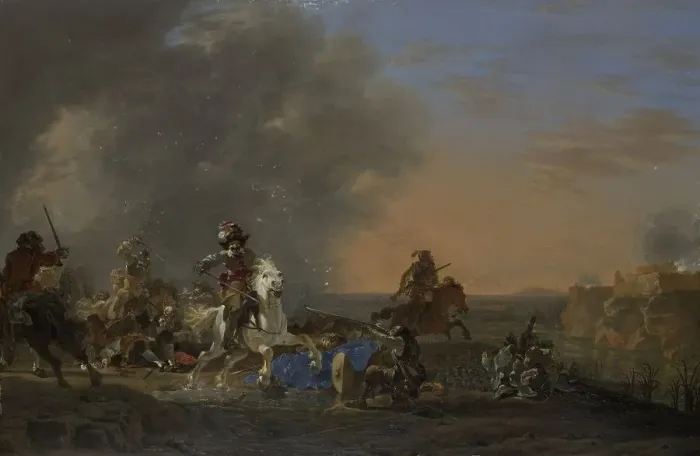 Framed Print : Cavalry Attack at Sunset, 1646. Creator: Jan Asselijin Framed Print : Cavalry Attack at Sunset, 1646. Creator: Jan Asselijin