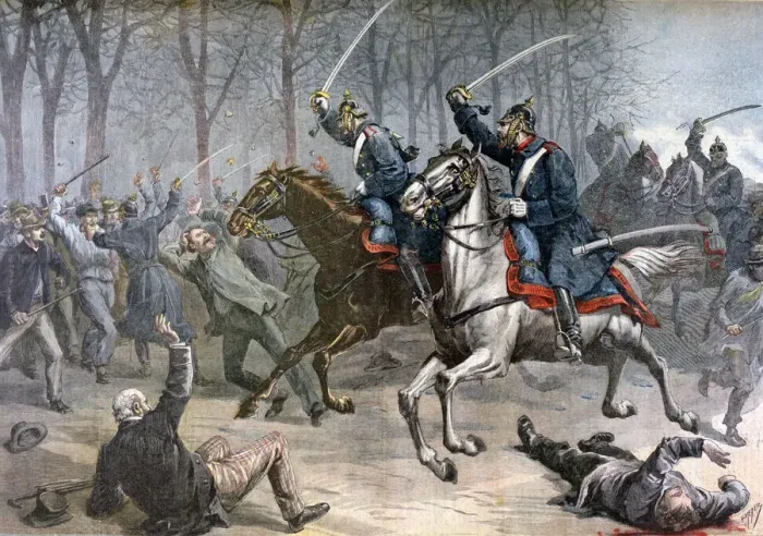 Framed Print : Cavalry charge, German riots in Leipzig, 1892. Artist: Henri Meyer Framed Print : Cavalry charge, German riots in Leipzig, 1892. Artist: Henri Meyer