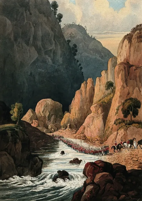 Framed Print : Cavalry marching through a mountain river, Afghanistan. Creator: Unknown Framed Print : Cavalry marching through a mountain river, Afghanistan. Creator: Unknown