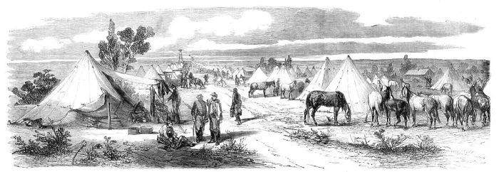 Framed Print : Cavalry quarters at the camp of Chalons - from a drawing by M. Beaucé, 1860. Creator: Unknown Framed Print : Cavalry quarters at the camp of Chalons - from a drawing by M. Beaucé, 1860. Creator: Unknown