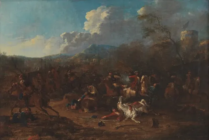 Framed Print : Cavalry Skirmish at a Fortress, 1693-1733. Creator: Karel Breydel