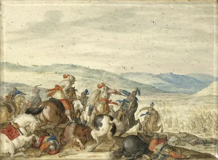 Framed Print : Cavalry Skirmish Mountainous Landscape, 1636-1640. Creator: Bartholomaus Dietterlin Framed Print : Cavalry Skirmish Mountainous Landscape, 1636-1640. Creator: Bartholomaus Dietterlin