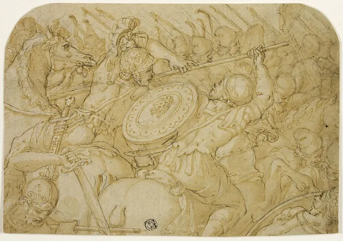 Framed Print : Cavalry Skirmish (recto); Architectural Sketch (verso), 1558 / 59. Creator: Giorgio Vasari Framed Print : Cavalry Skirmish (recto); Architectural Sketch (verso), 1558 / 59. Creator: Giorgio Vasari