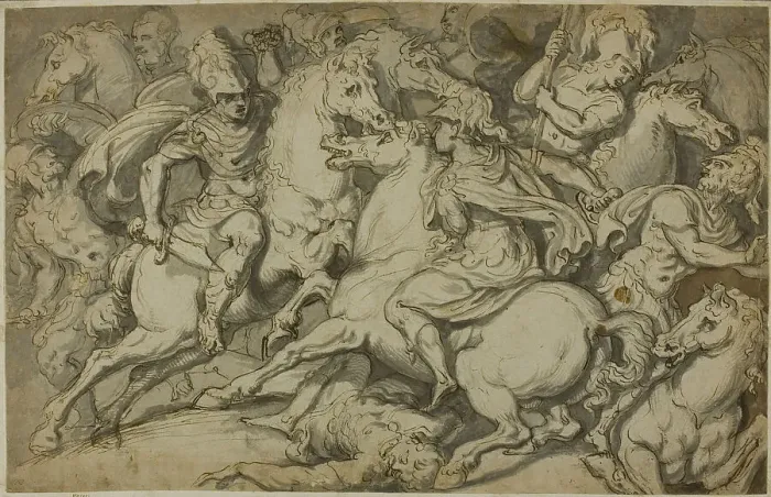 Framed Print : Cavalry Skirmish (recto); Kneeling Ecorché (verso), 1530 / 39. Creator: Francesco Salviati Framed Print : Cavalry Skirmish (recto); Kneeling Ecorché (verso), 1530 / 39. Creator: Francesco Salviati