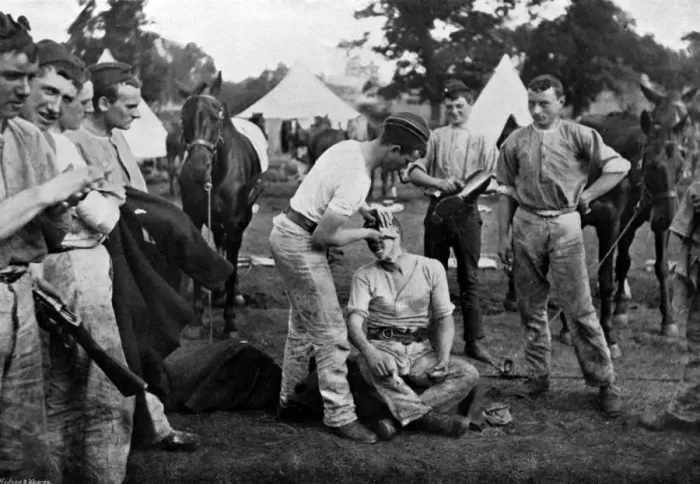 Framed Print : Cavalrymen preparing for Sunday parade, 1896. Artist: Knight Framed Print : Cavalrymen preparing for Sunday parade, 1896. Artist: Knight