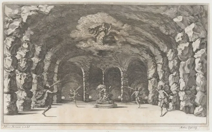 Framed Print : Cavern of Aeolus; a cave with wind gods blowing on either side of Aeolus who sits enthrone... 1668. Creator: Mathaus Küsel Framed Print : Cavern of Aeolus; a cave with wind gods blowing on either side of Aeolus who sits enthrone... 1668. Creator: Mathaus Küsel
